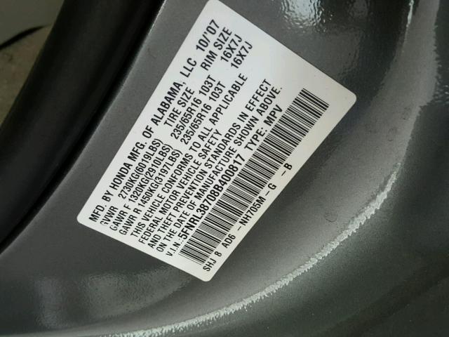 5FNRL38708B400817 - 2008 HONDA ODYSSEY EX GRAY photo 10