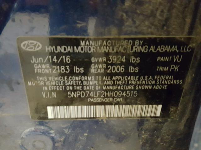 5NPD74LF2HH094515 - 2017 HYUNDAI ELANTRA SE BLUE photo 10