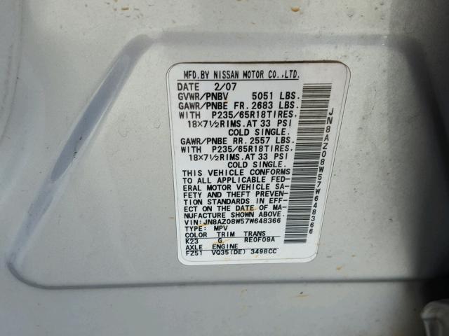 JN8AZ08W57W648366 - 2007 NISSAN MURANO SL SILVER photo 10