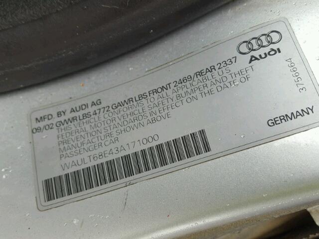 WAULT68E43A171000 - 2003 AUDI A4 3.0 QUA SILVER photo 10