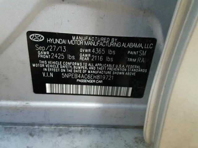 5NPEB4AC6EH819721 - 2014 HYUNDAI SONATA GLS SILVER photo 10