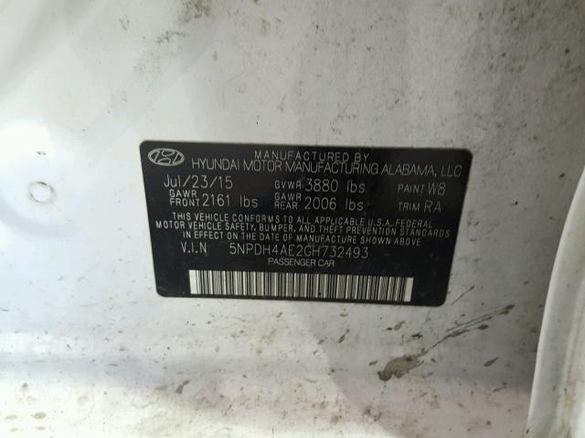 5NPDH4AE2GH732493 - 2016 HYUNDAI ELANTRA SE WHITE photo 10