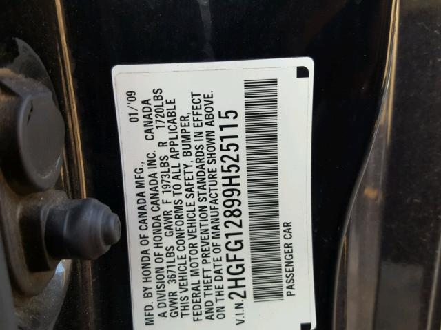 2HGFG12899H525115 - 2009 HONDA CIVIC EX BLACK photo 10