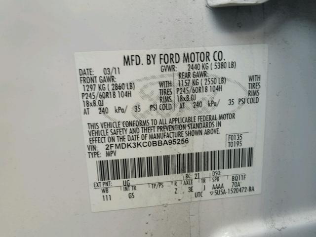 2FMDK3KC0BBA95256 - 2011 FORD EDGE LIMIT WHITE photo 10