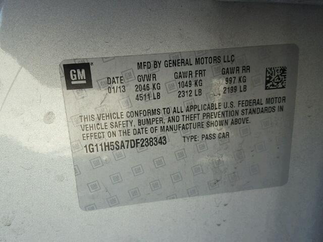 1G11H5SA7DF238343 - 2013 CHEVROLET MALIBU LTZ ნაცრისფერი ფოტო 10