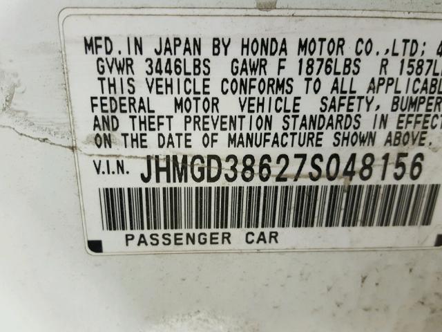 JHMGD38627S048156 - 2007 HONDA FIT S WHITE photo 10