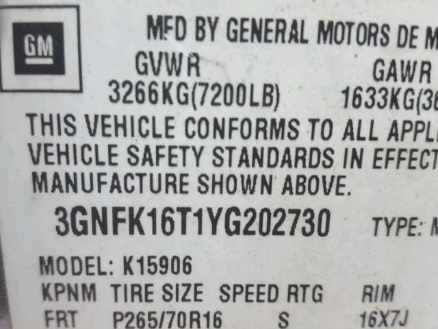 3GNFK16T1YG202730 - 2000 CHEVROLET SUBURBAN K GRAY photo 10