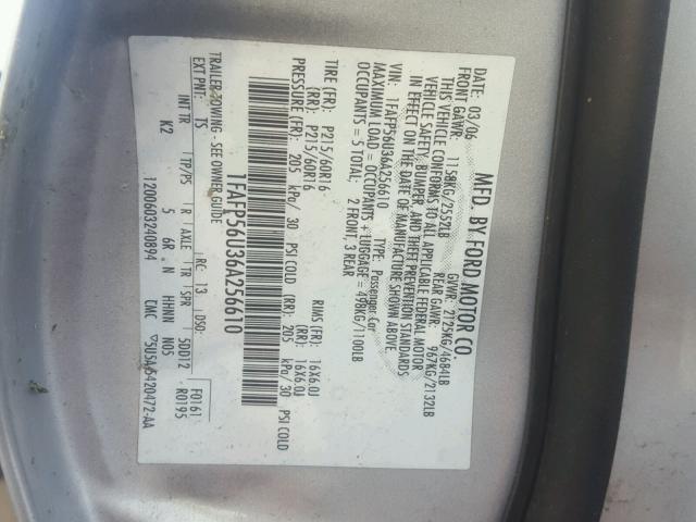 1FAFP56U36A256610 - 2006 FORD TAURUS SEL SILVER photo 10