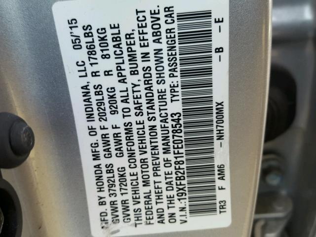 19XFB2F81FE078543 - 2015 HONDA CIVIC EX SILVER photo 10