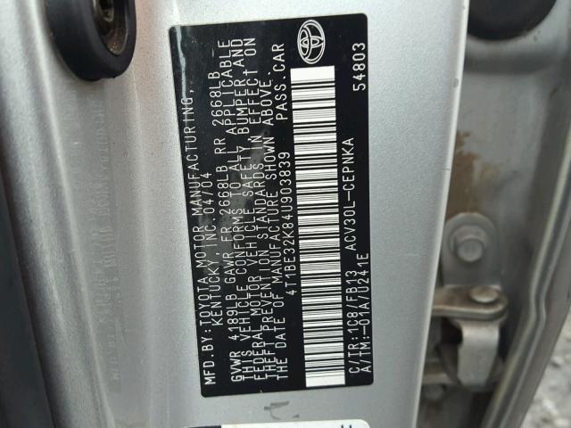 4T1BE32K84U903839 - 2004 TOYOTA CAMRY LE SILVER photo 10