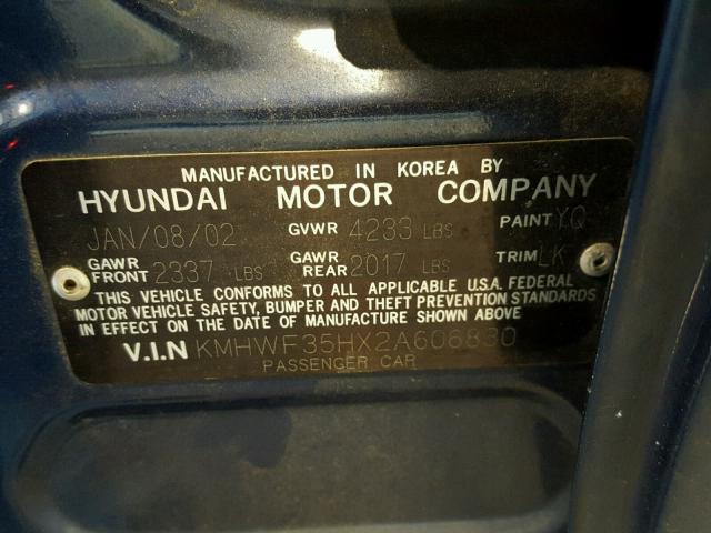 KMHWF35HX2A606830 - 2002 HYUNDAI SONATA GLS BLUE photo 10