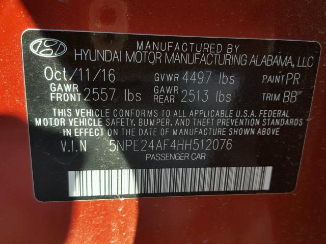 5NPE24AF4HH512076 - 2017 HYUNDAI SONATA SE RED photo 10