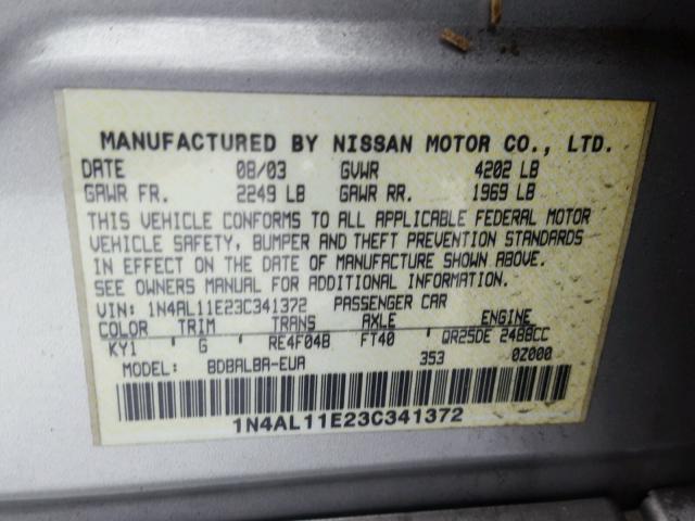 1N4AL11E23C341372 - 2003 NISSAN ALTIMA BAS SILVER photo 10