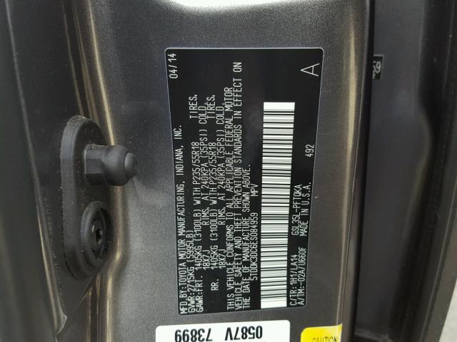 5TDDK3DC6ES084959 - 2014 TOYOTA SIENNA XLE CHARCOAL photo 10