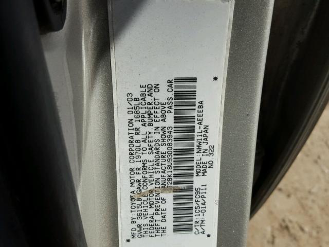 JT2BK18U930083943 - 2003 TOYOTA PRIUS SILVER photo 10