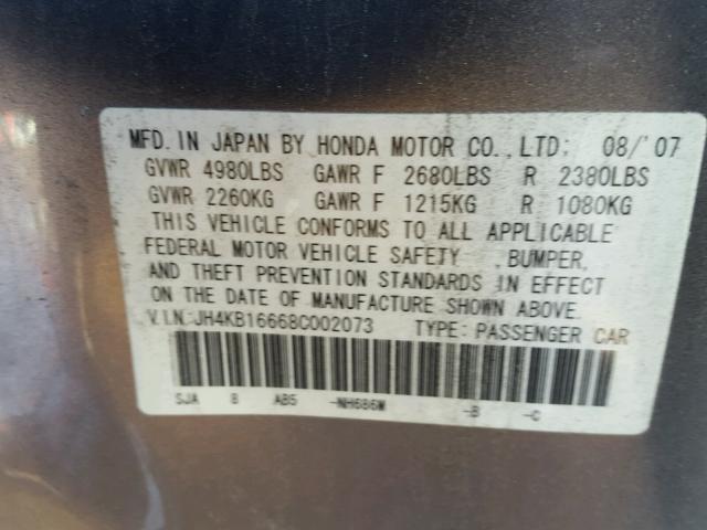 JH4KB16668C002073 - 2008 ACURA RL GRAY photo 10