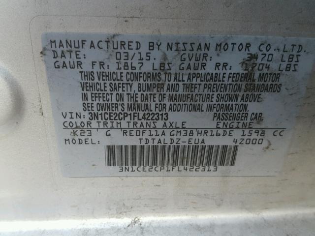 3N1CE2CP1FL422313 - 2015 NISSAN VERSA NOTE SILVER photo 10