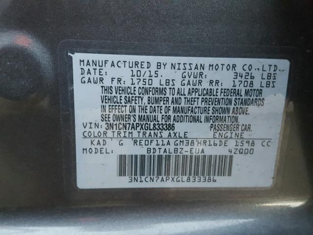 3N1CN7APXGL833386 - 2016 NISSAN VERSA S GRAY photo 10