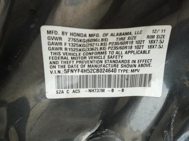 5FNYF4H52CB024640 - 2012 HONDA PILOT EXL CHARCOAL photo 10