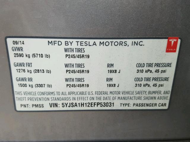 5YJSA1H12EFP53031 - 2014 TESLA MODEL S SILVER photo 10