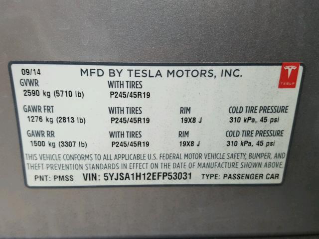 5YJSA1H12EFP53031 - 2014 TESLA MODEL S SILVER photo 10