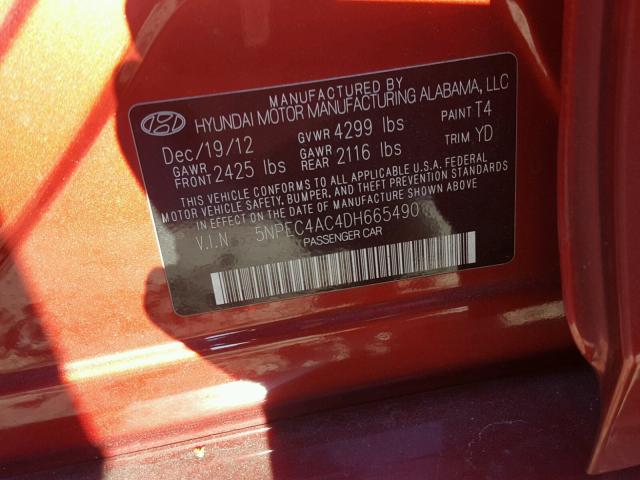 5NPEC4AC4DH665490 - 2013 HYUNDAI SONATA SE RED photo 10