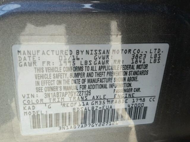 3N1AB7AP7GY227126 - 2016 NISSAN SENTRA GRAY photo 10