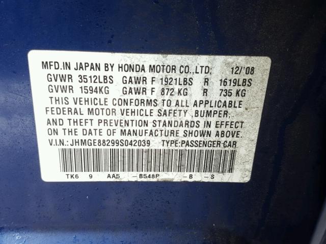 JHMGE88299S042039 - 2009 HONDA FIT BLUE photo 10