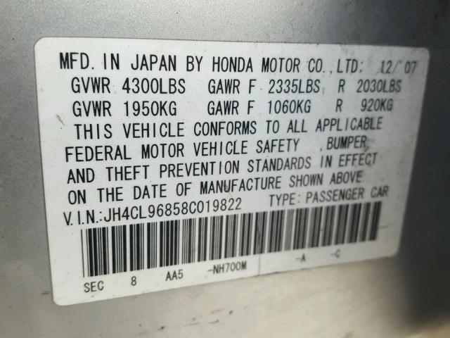 JH4CL96858C019822 - 2008 ACURA TSX SILVER photo 10