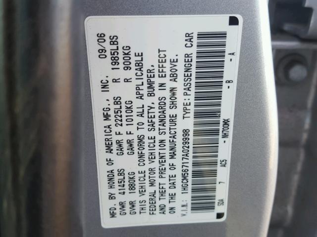 1HGCM56717A029998 - 2007 HONDA ACCORD EX SILVER photo 10