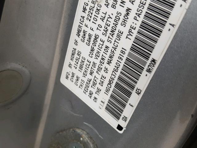 1HGCM56376A019181 - 2006 HONDA ACCORD SE SILVER photo 10