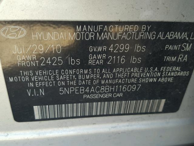 5NPEB4AC8BH116097 - 2011 HYUNDAI SONATA GLS SILVER photo 10