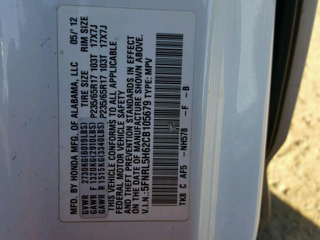 5FNRL5H62CB105679 - 2012 HONDA ODYSSEY EX WHITE photo 10