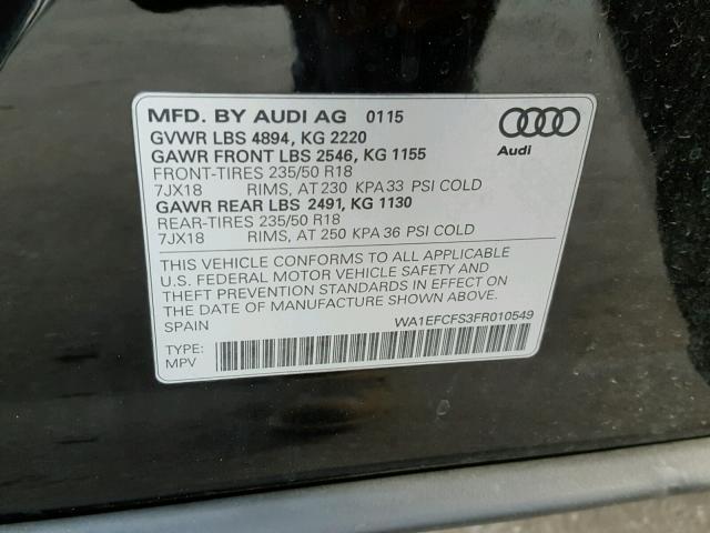 WA1EFCFS3FR010549 - 2015 AUDI Q3 PREMIUM BLACK photo 10