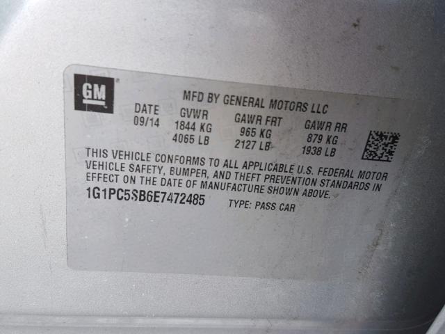 1G1PC5SB6E7472485 - 2014 CHEVROLET CRUZE LT GRAY photo 10