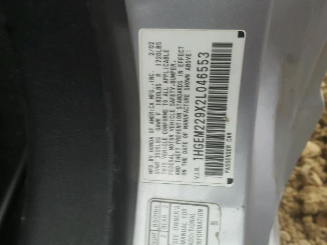 1HGEM229X2L046553 - 2002 HONDA CIVIC EX ვერცხლისფერი ფოტო 10