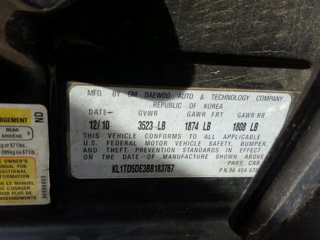 KL1TD5DE3BB183767 - 2011 CHEVROLET AVEO LS GRAY photo 10