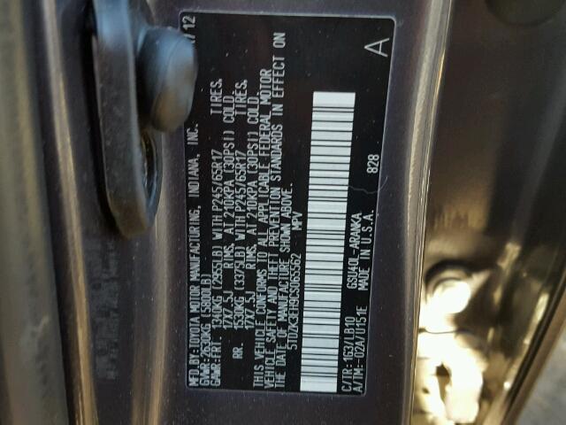 5TDZK3EH9CS065562 - 2012 TOYOTA HIGHLANDER GRAY photo 10