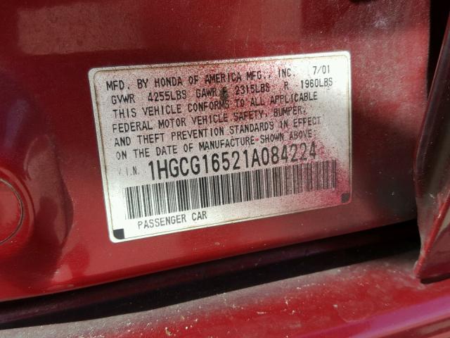 1HGCG16521A084224 - 2001 HONDA ACCORD EX RED photo 10