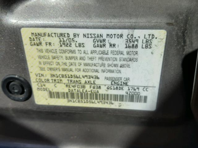 3N1CB51D56L493436 - 2006 NISSAN SENTRA 1.8 GRAY photo 10