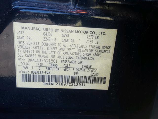 1N4AL21E97C212931 - 2007 NISSAN ALTIMA 2.5 BLUE photo 10