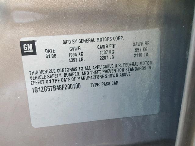 1G1ZG57B48F200100 - 2008 CHEVROLET MALIBU LS GOLD photo 10