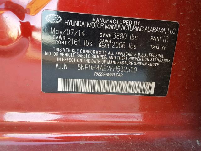 5NPDH4AE2EH532520 - 2014 HYUNDAI ELANTRA SE RED photo 10