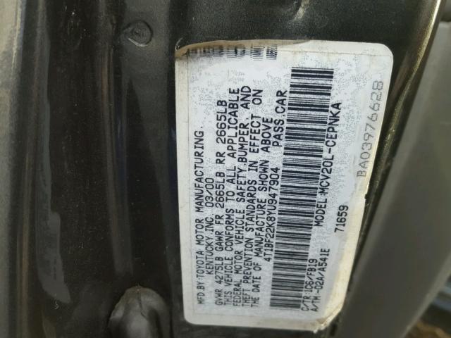 4T1BF22K8YU947904 - 2000 TOYOTA CAMRY LE BLACK photo 10