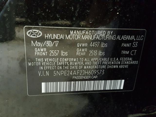 5NPE24AF2JH609573 - 2018 HYUNDAI SONATA SE BLACK photo 10