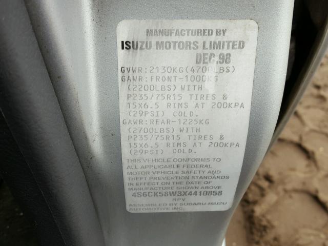 4S6CK58W3X4410858 - 1999 HONDA PASSPORT E SILVER photo 10