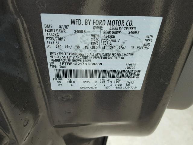 1FTRF12217KD38368 - 2007 FORD F150 GRAY photo 10