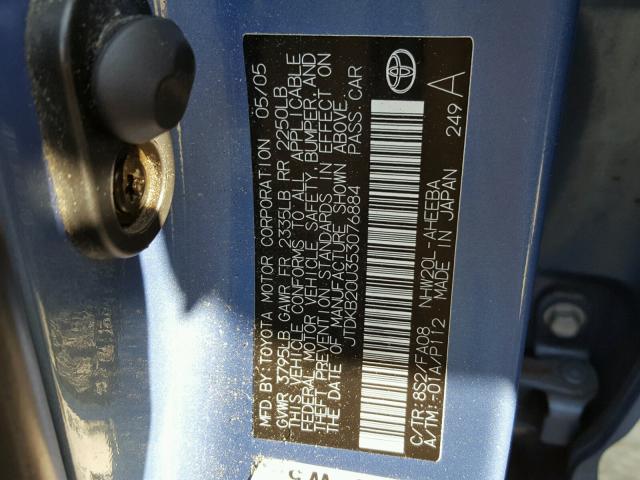 JTDKB20U353076884 - 2005 TOYOTA PRIUS BLUE photo 10