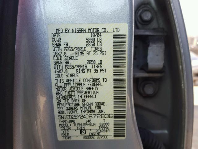 5N1ED28Y24C672836 - 2004 NISSAN XTERRA XE SILVER photo 10