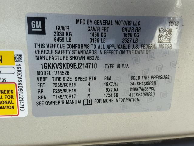 1GKKVSKD9EJ214710 - 2014 GMC ACADIA SLT 银色 照片 10